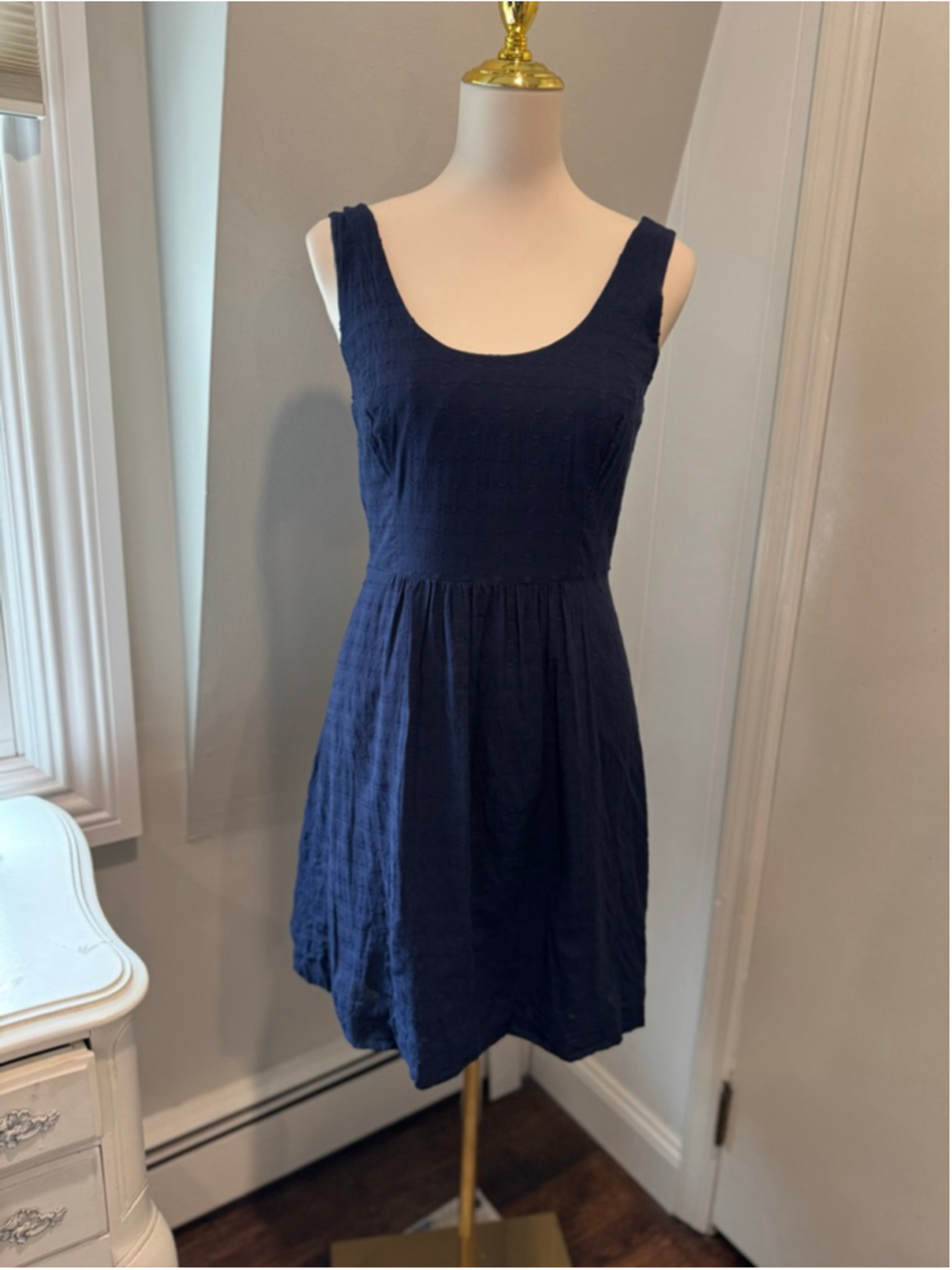 Vineyard Vines | Textured Cotton A-Line Dress with Gold Zipper | Navy | Size 4